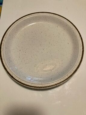 Vintage royal Tudor Speckled White Ceramic Dinner Plate with Brown Rim set of 2